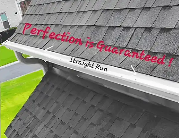 Close-up of a roof with labeled gutter showing "Straight Run" and text reading "Perfection is Guaranteed!" in red.