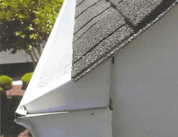 Close-up view of a house roof edge with asphalt shingles and a white rain gutter attached to the fascia board.