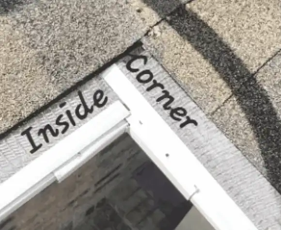 A roof intersection labeled "Inside Corner" at the junction of two differently colored shingles.