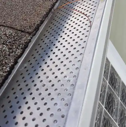 Close-up of a metal gutter guard with perforations installed along the edge of a shingled roof.