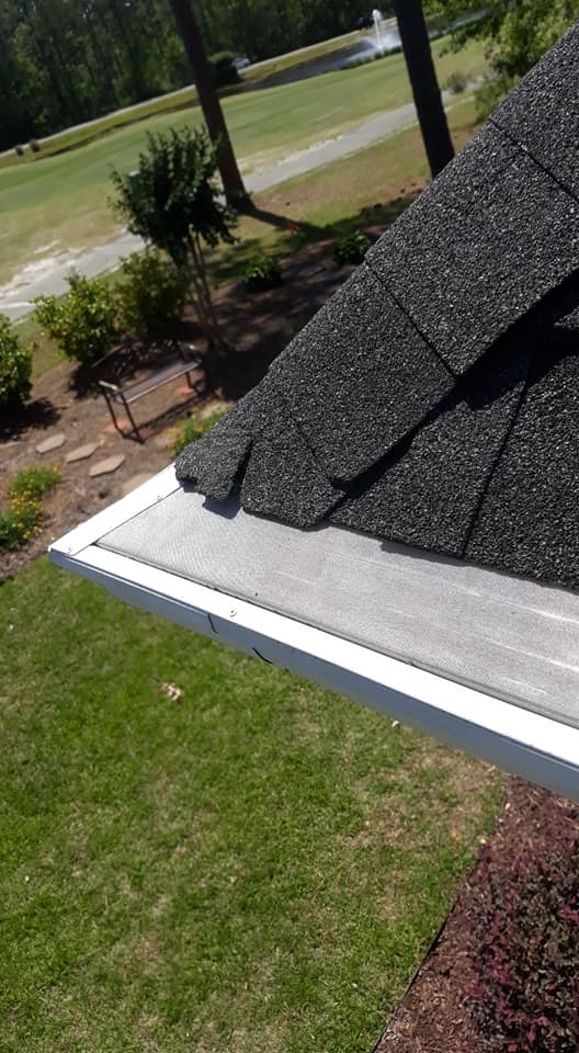 Close-up of roof shingles and a mesh-covered gutter on a house with a yard and trees in the background.
